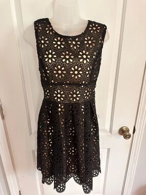 Esley Black Eyelet Mini Dress Size Large Floral Cutout Fit & Flare Sleeveless